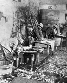 World War I. Off-duty soldiers washing their laundry in the Belleville neighborhood near Verdun