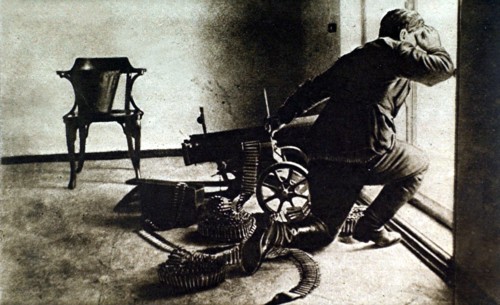 Russian Revolution. In Petrograd, one of the windows of the Winter Palace equipped with a machine gun (1918)