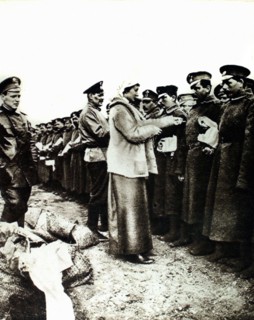 World War I. The Russian Empress distributing gifts to soldiers of the 15th Dragoon Regiment (1915)