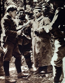 World War I. On the Vosges  front, a German soldier captured by a patrol of mountain infantrymen, undergoes an interrogation (1915)