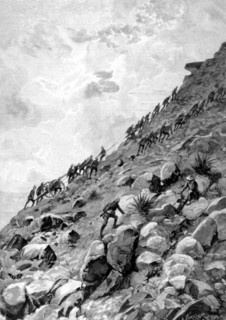 Guerre du Transvaal. Artilleurs anglais hissant des canons à Coleskop (1900)