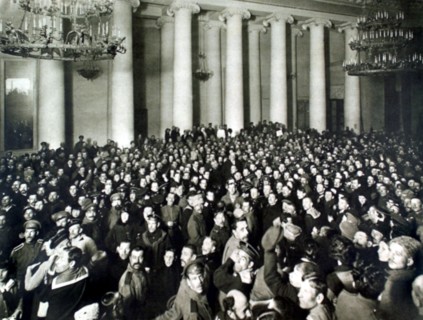 Russian Revolution of 1917. In Petrograd, in front ot the Tauride palace, soldiers and sailors listening to a speech by Mr. Rodzianko
