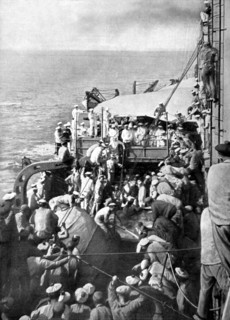 Aboard the French training cruiser "Jeanne d'Arc", midshipmen crossing the Equator for the first time are baptized, in accordance with an old maritime tradition (1913)