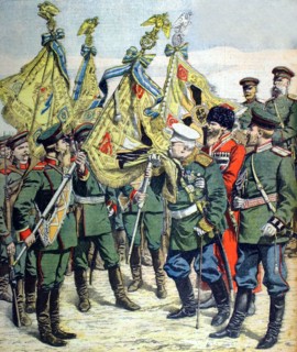 Russo-Japanese War. Before setting off to war, General Dragomirov kisses the flag (1904)