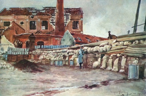 Flameng,  Soissons: barricade in the Vauxrot distillery