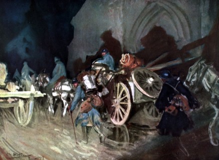 Charles Hoffbuaer, dans la Somme, relève d'infanterie de nuit dans un village