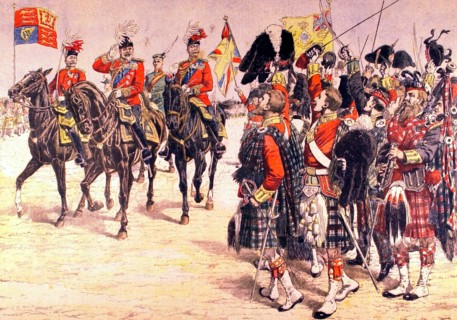 King Edward VII of Engleterre passing the Highlanders in review (1905)