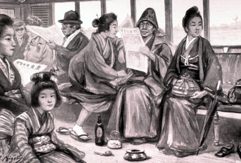 Japan. Passagers reading newspapers on a train (1903)