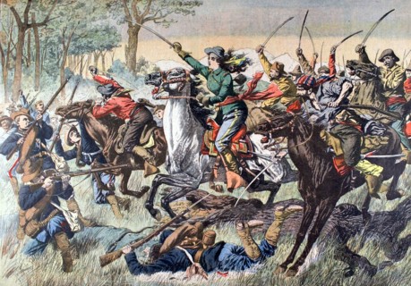 Une femme guerrière, la senora Clava Santos, se battant à la tête d'un corps d'insurgés (30 septembre 1906)