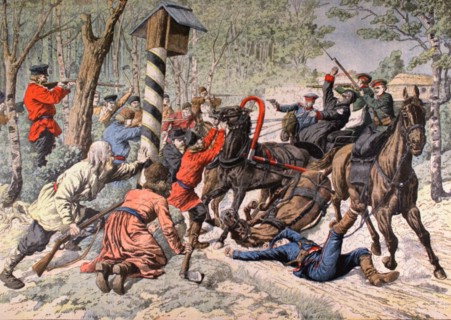 A postal stagecoach attacked by a band of terrorists, in Poland (1906)