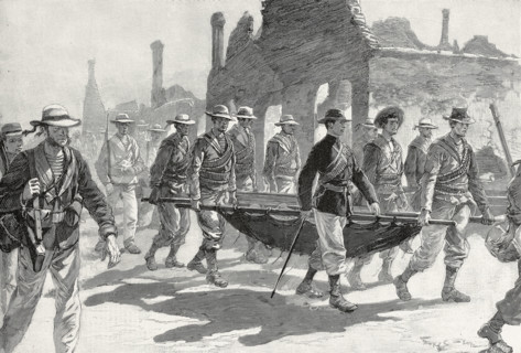Révolte des Boxers.
Arrivée à Tien-Tsin des blessés de la colonne Seymour, en 1900.