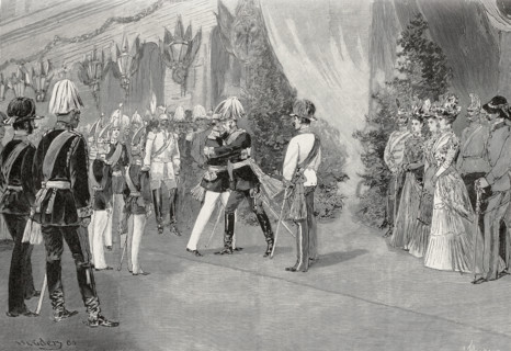 Arrivée de François-Joseph, empereur d'Autriche à la gare de Berlin, accueilli par Guillaume II et le prince impérial  (1900).