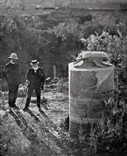 Mr. Camille Saint-Saëns and Mr. Georges Legrain standing before the giant granite scarab at Karnak temple (1912)