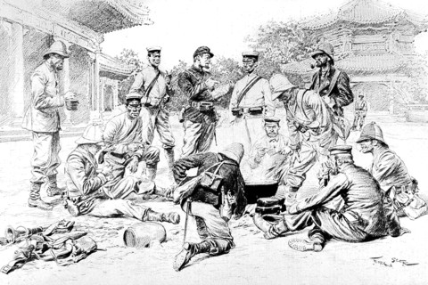 Révolte des Boxers.
L'occupation de Pékin par les troupes françaises, allemandes et japonaises, en 1900.