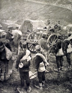 Première Guerre Mondiale.
Le roi Pierre de Serbie sur la route de l'exil, en 1916.