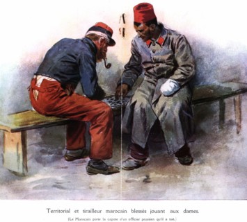 Territorial et tirailleur marocain blessés jouant aux dames (1915)