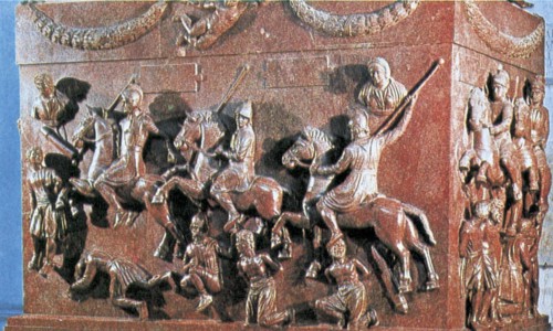 Bas-relief sur sarcophage, scène de combat entre Romains et Germains