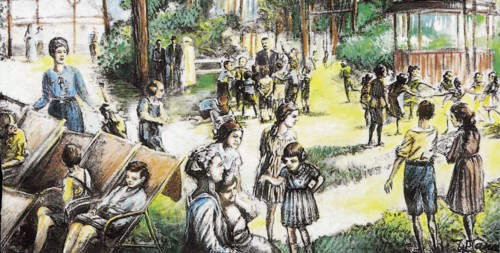 Dessin représentant une école allemande dans la forêt