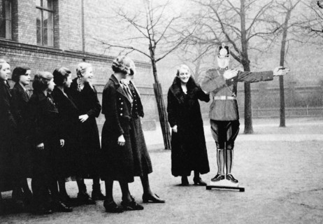 German schoolgirls during a lesson about traffic safety