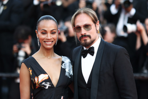 Zoe Saldaña (in Chanel) and Marco Perego attend the closing ceremony of the 79th annual Cannes Film