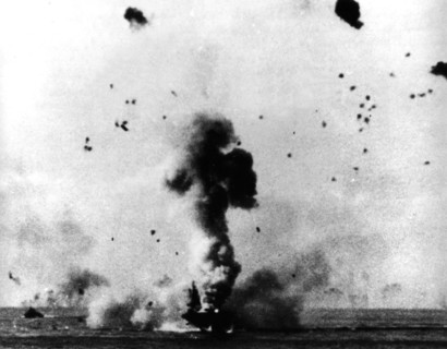 Kamikaze. Aircraft carrier "USS Enterprise" hit by a bomb, May 14, 1945