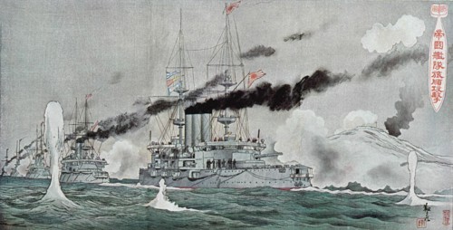 Guerre-Russo japonaise vers 1904-1905 : L'escadre japonaise bombardant Port Arthur