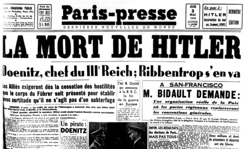Une du journal "Paris-Presse" annonçant la mort de Hitler