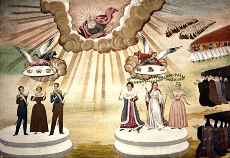 Makryanis, 'Pictural history of Greek independence'. Juste sentence de Dieu pour la libération de la Grèce. Nicolas, Victoria, Louis-Philippe, Othon, Amélie