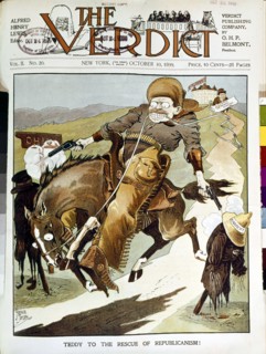 Satirical cartoon in 'The Verdict': Theodore Roosevelt, the cursed cow-boy (1899)