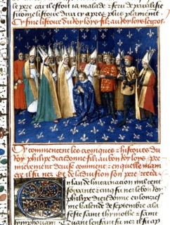 Miniature by Jean Fouquet. Chronicles of St. Denis. Corornation of Philip Augustus in the presence of the Duke of Normandy