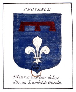 Blason de la Provence d'Azur, à la fleur de lys d'or, au Lambel de Gueules