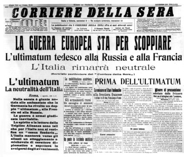 Headline announcing the beginning of the war in the Italian newspaper 'Corriere della Sera'