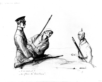 Caricature de Jean-Louis Forain (1852-1931). "Le nouveau venu". (à propos du Lusitania)