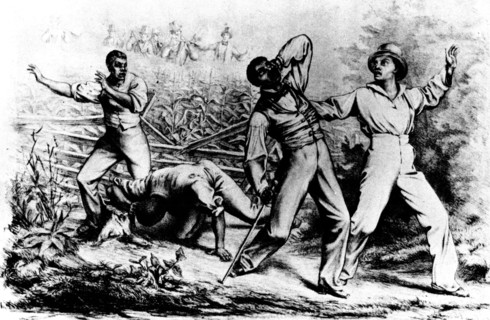 Affiche montrant un noir fugitif poursuivi par des blancs "chercheurs" d'esclaves, armées