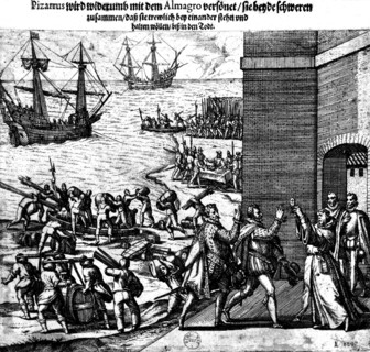 Pizarro and Almagro making oath on the Blessed Sacrament, on June 12, 1535