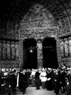 Vichy Government. Petain in Paris, acccompanied by Cardinal Suchard and Suchard, leaving a mass at Notre-Dame