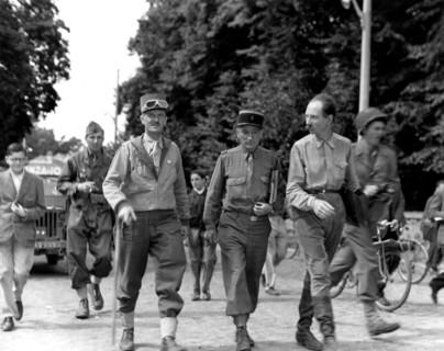 Liberation of France: Philippe Leclerc (left) in a French village near Paris