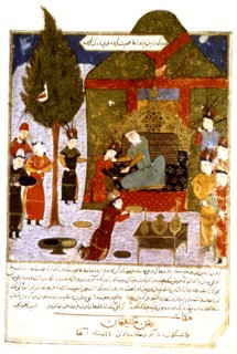 Persian manuscript illustrated with 106 paintings: "Jami'al Tawarikh" by Rachid ad-Dîn (History of the Mongols). Genghis-Khân, sur le trône, entouré de Mongols