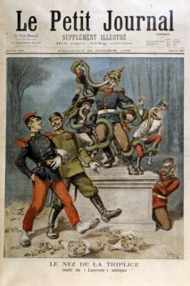 Satirical cartoon in 'Le petit journal' about the 'Triplice'. Alliance between Germany, Austria and Italy