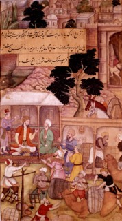 Miniature persane. Entrevue de Babur avec Bedi