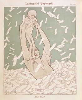 Satirical cartoon by Karl Arnold, 'Paper money!' (monetary crisis)