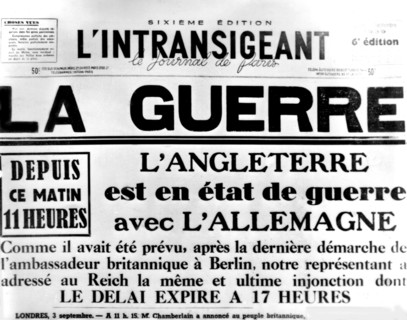 Une du journal "L'Intransigeant" annonçant l'entrée en guerre de l'Angleterre (1939)
