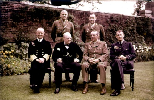 Sir Charles Portal, Churchill, Field Marshall, Sir Alan Brooke in the 10 Downing Street garden in London (May 1945)