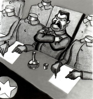 Stalin and his companions. Satirical cartoon in the newspaper "Aux Ecoutes"