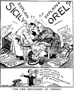 July 22, 1943, satircal cartoon published in the "Daily Express". Hitler, Mussolini and Goebbels