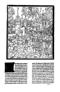 Gravure in manuscrit de Saint Augustin "La Cité de Dieu", construction de la Cité