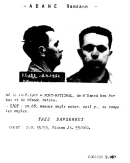 Police research card about Abane Ramdane, political leader of the revolution