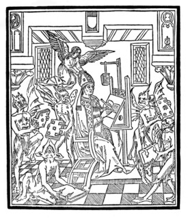 Saint Augustin, surrounded by devils, writing "The City of God"