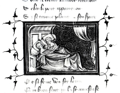 Miniature in 'Romance of the Rose', couple in bed