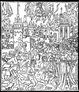 Gravure in manuscrit de Saint Augustin "La Cité de Dieu", construction de la Cité